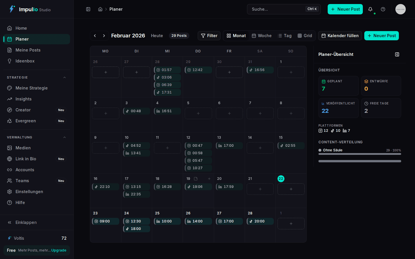 Impulio Content-Kalender mit geplanten Posts
