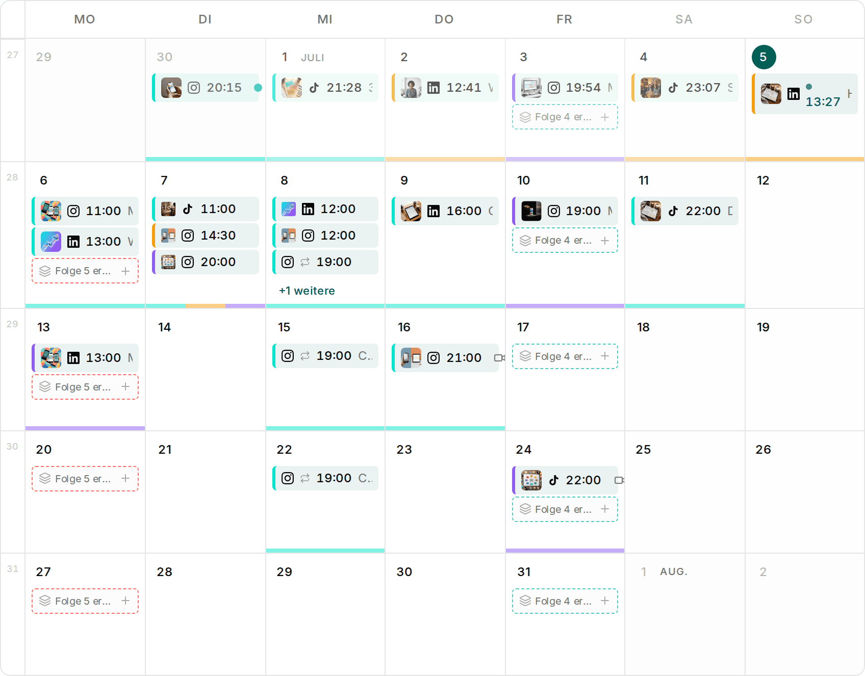 Impulio Content-Kalender mit geplanten Posts für Instagram, TikTok und LinkedIn